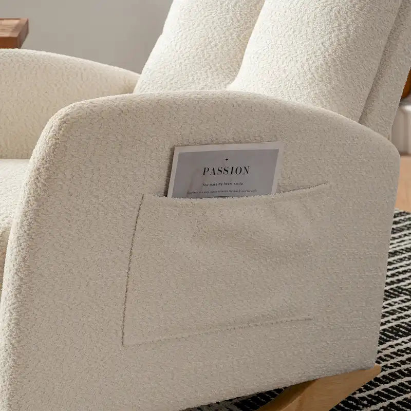 Fauteuil à bascule moderne beige de 90,9 cm de haut avec repose-pieds et pieds en bois