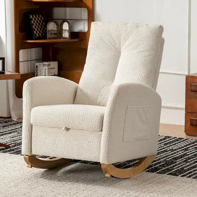 Fauteuil à bascule moderne beige de 90,9 cm de haut avec repose-pieds et pieds en bois