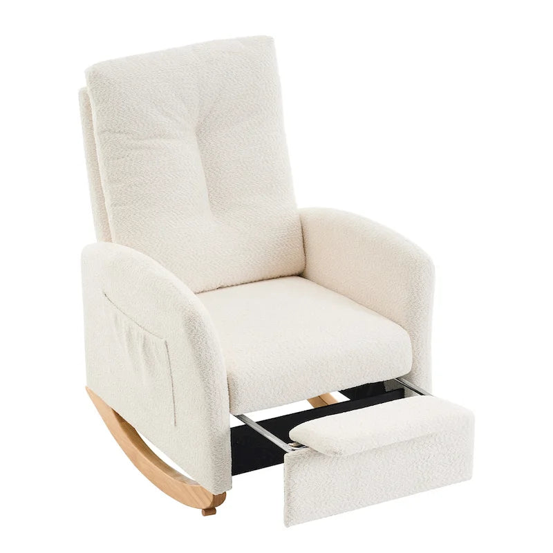 Fauteuil à bascule moderne beige de 90,9 cm de haut avec repose-pieds et pieds en bois