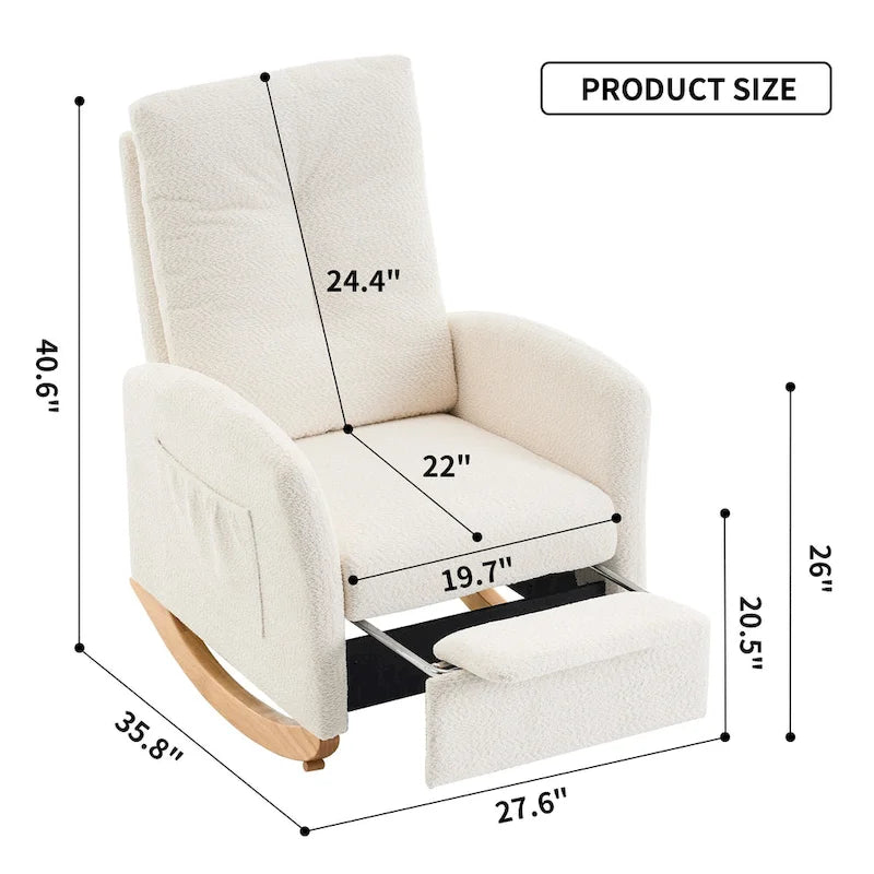 Fauteuil à bascule moderne beige de 90,9 cm de haut avec repose-pieds et pieds en bois