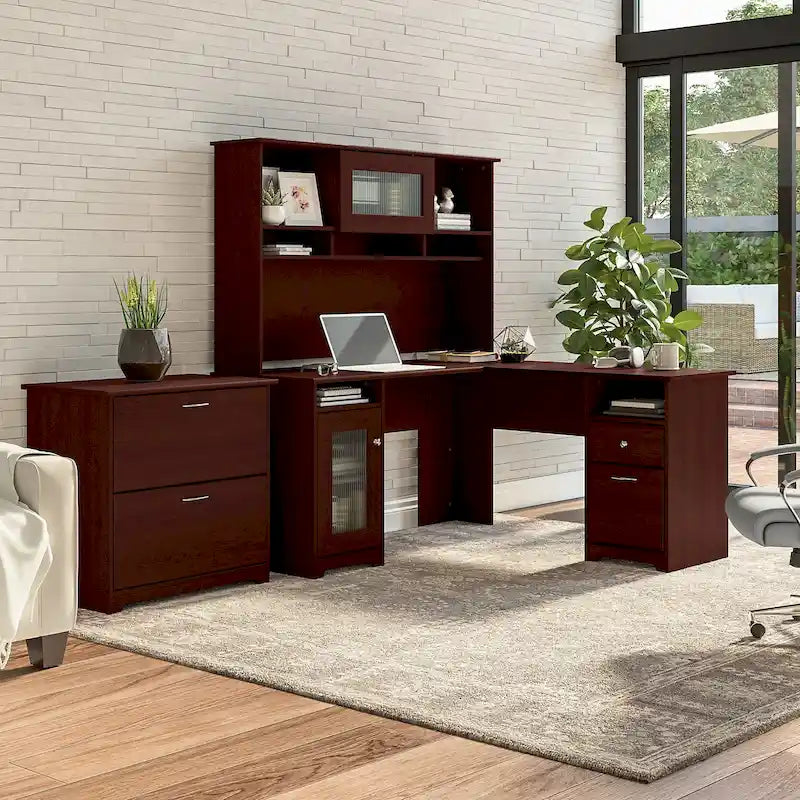 Bureau d'angle en L Cabot 60W avec huche et classeur par
