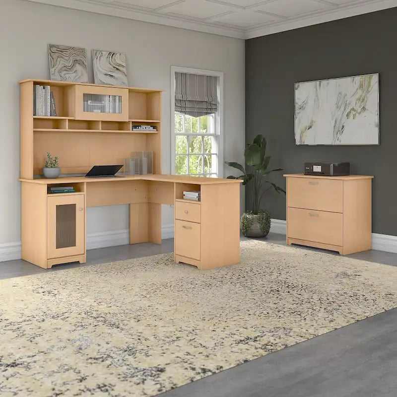 Bureau d'angle en L Cabot 60W avec huche et classeur par