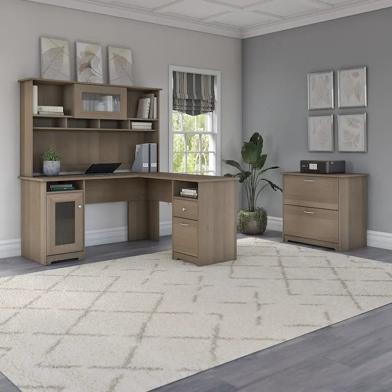 Bureau d'angle en L Cabot 60W avec huche et classeur par