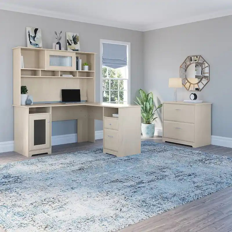 Bureau d'angle en L Cabot 60W avec huche et classeur par