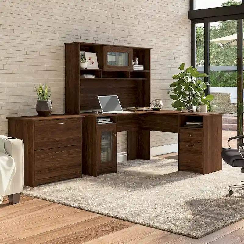 Bureau d'angle en L Cabot 60W avec huche et classeur par