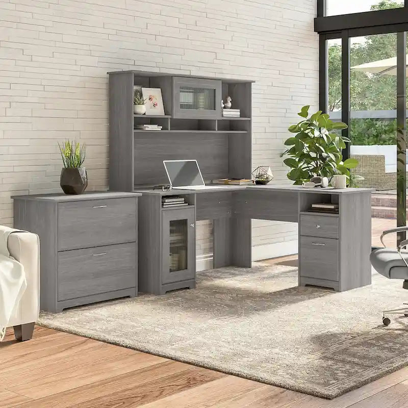 Bureau d'angle en L Cabot 60W avec huche et classeur par