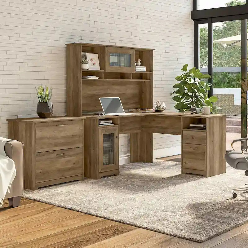 Bureau d'angle en L Cabot 60W avec huche et classeur par