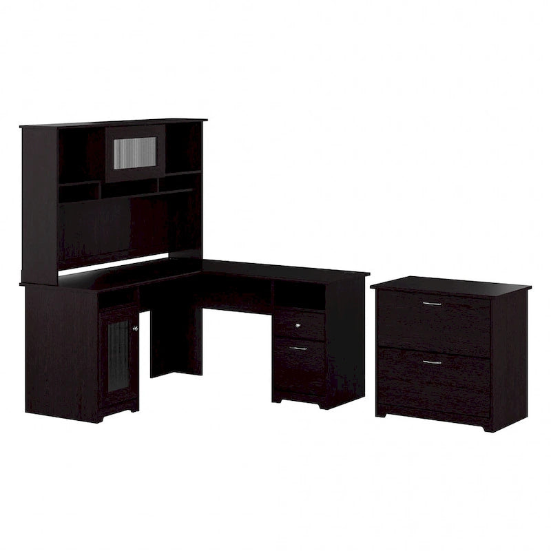 Bureau d'angle en L Cabot 60W avec huche et classeur par