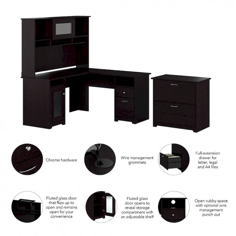 Bureau d'angle en L Cabot 60W avec huche et classeur par