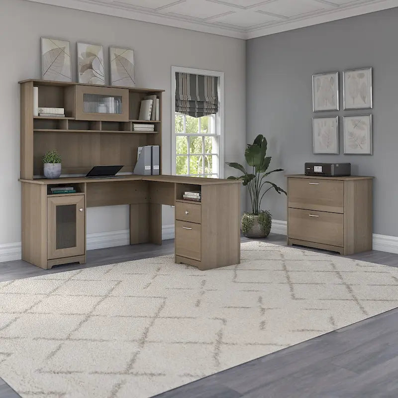 Bureau d'angle en L Cabot 60W avec huche et classeur par