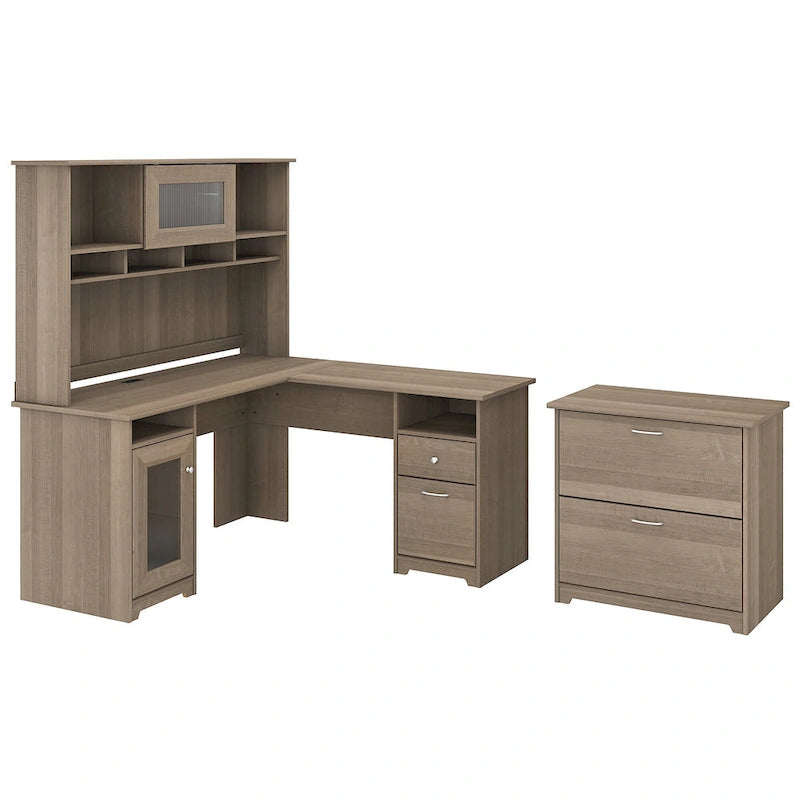 Bureau d'angle en L Cabot 60W avec huche et classeur par