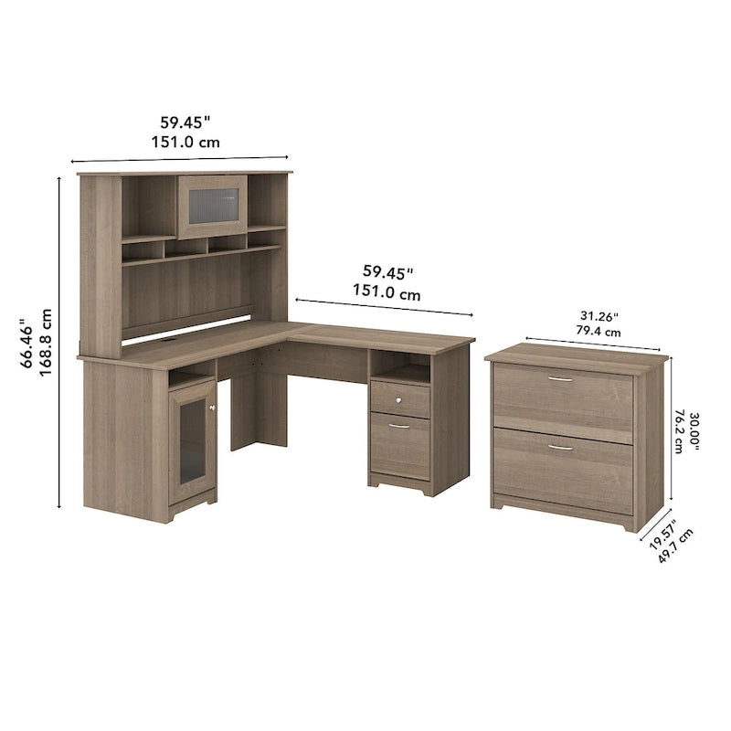 Bureau d'angle en L Cabot 60W avec huche et classeur par