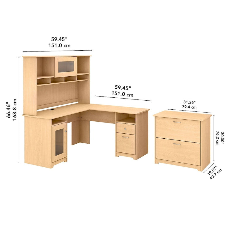 Bureau d'angle en L Cabot 60W avec huche et classeur par