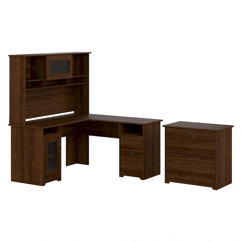 Bureau d'angle en L Cabot 60W avec huche et classeur par