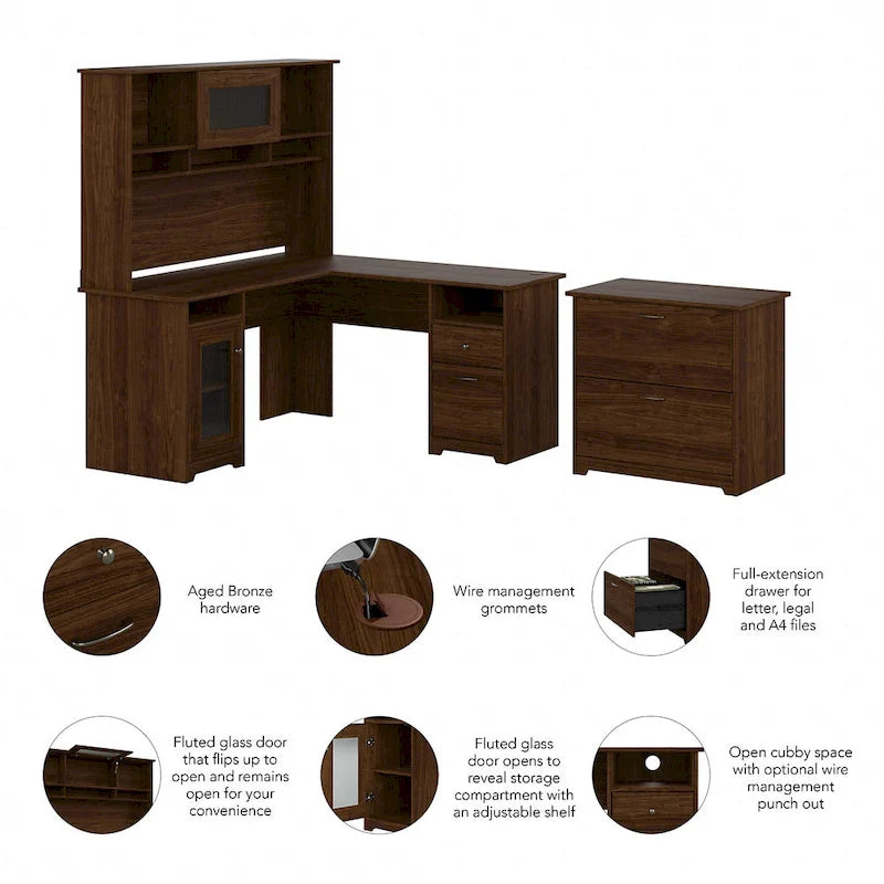 Bureau d'angle en L Cabot 60W avec huche et classeur par