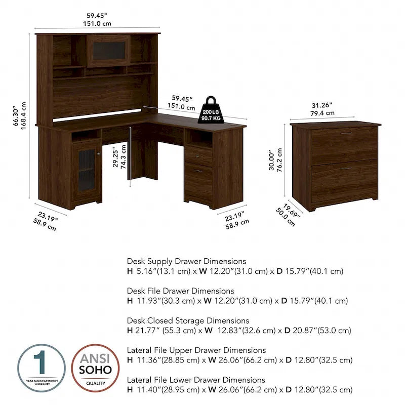 Bureau d'angle en L Cabot 60W avec huche et classeur par