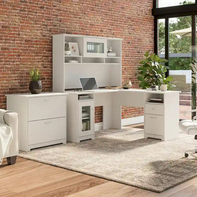 Bureau d'angle en L Cabot 60W avec huche et classeur par