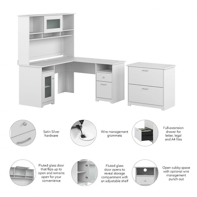 Bureau d'angle en L Cabot 60W avec huche et classeur par