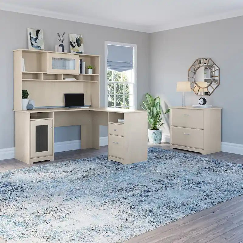 Bureau d'angle en L Cabot 60W avec huche et classeur par