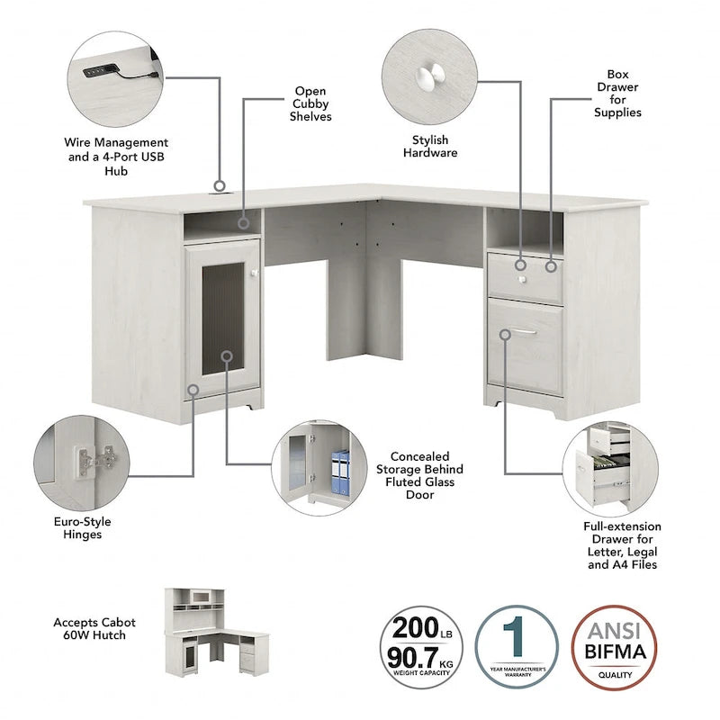 Bureau d'angle en L Cabot 60W avec huche et classeur par