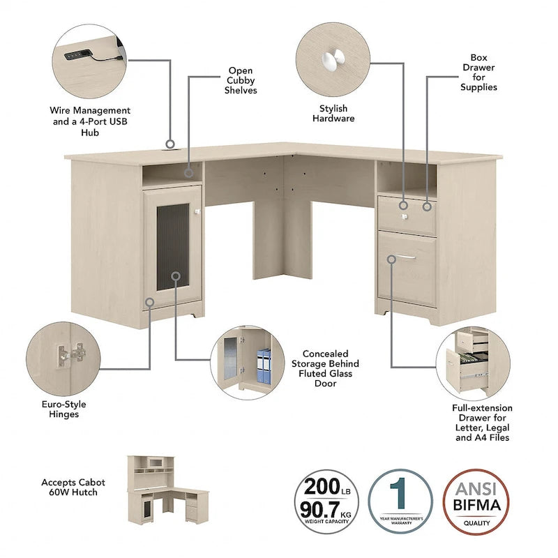 Bureau d'angle en L Cabot 60W avec huche et classeur par