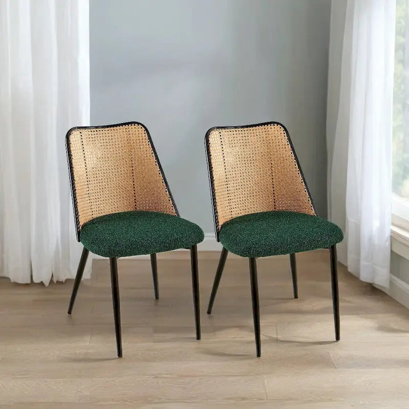 Chaises de salle à manger lot de 2, chaises en tissu bouclette avec dossier en rotin naturel