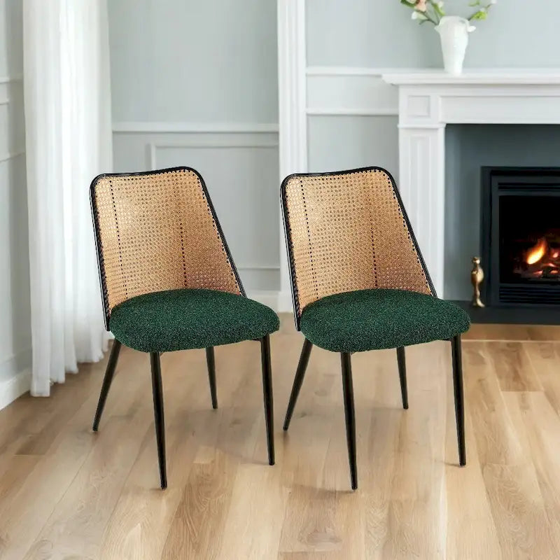 Chaises de salle à manger lot de 2, chaises en tissu bouclette avec dossier en rotin naturel