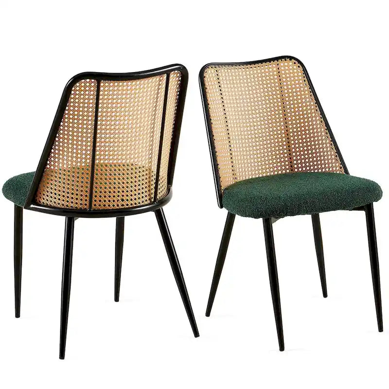 Chaises de salle à manger lot de 2, chaises en tissu bouclette avec dossier en rotin naturel