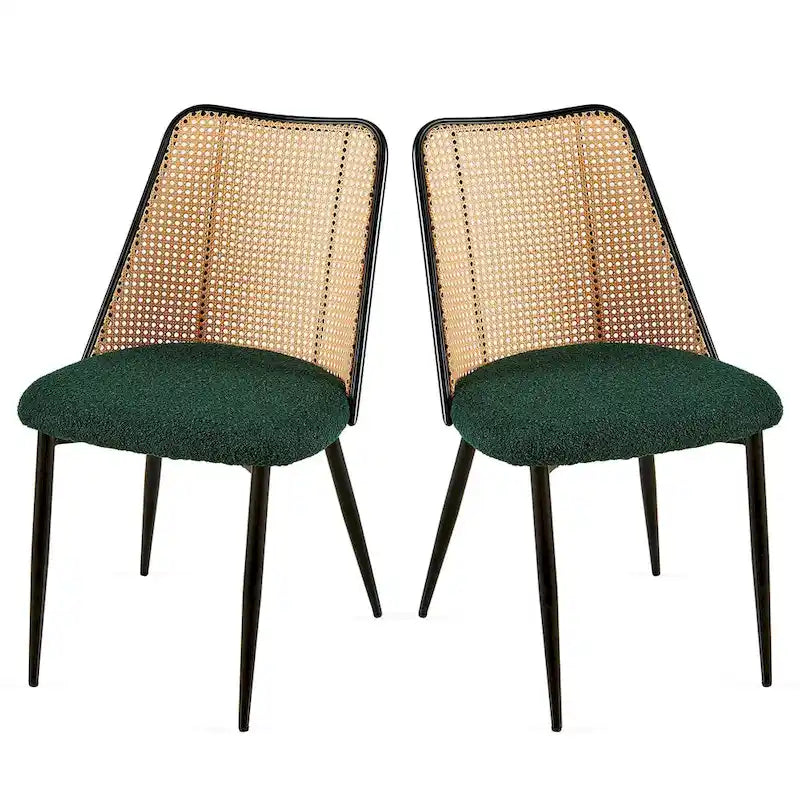 Chaises de salle à manger lot de 2, chaises en tissu bouclette avec dossier en rotin naturel
