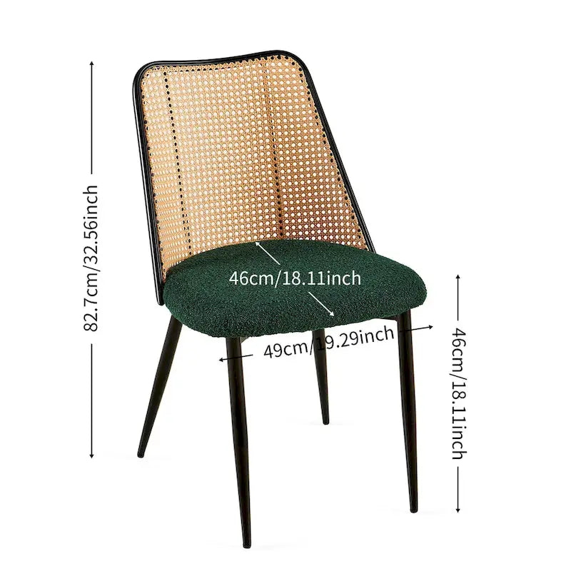 Chaises de salle à manger lot de 2, chaises en tissu bouclette avec dossier en rotin naturel