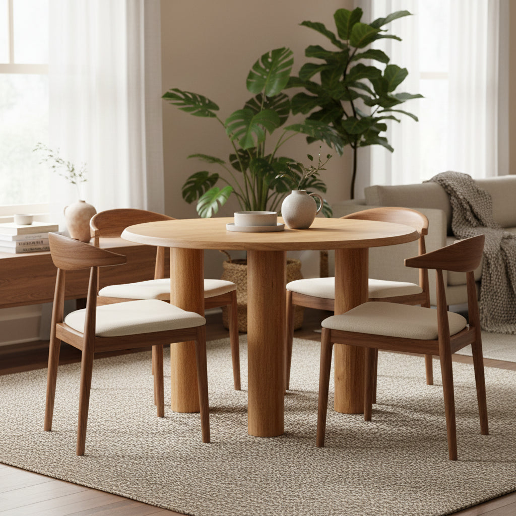 Table de salle à manger, plateau rond de 48 pouces, bois de manguier marron naturel, pieds à 4 colonnes.
