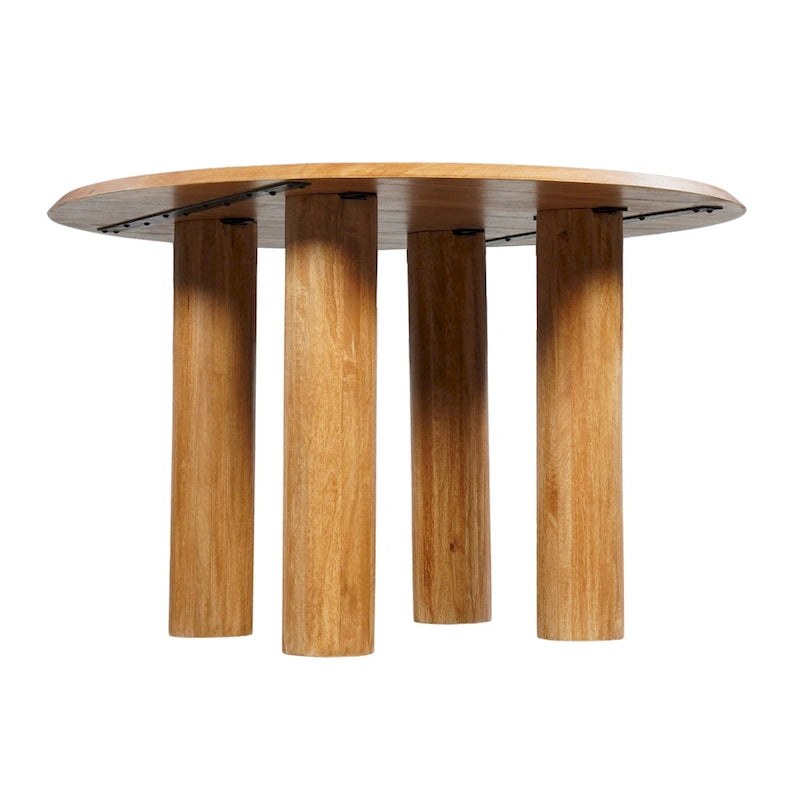 Table de salle à manger, plateau rond de 48 pouces, bois de manguier marron naturel, pieds à 4 colonnes.
