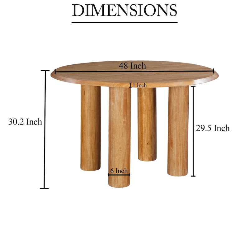 Table de salle à manger, plateau rond de 48 pouces, bois de manguier marron naturel, pieds à 4 colonnes.