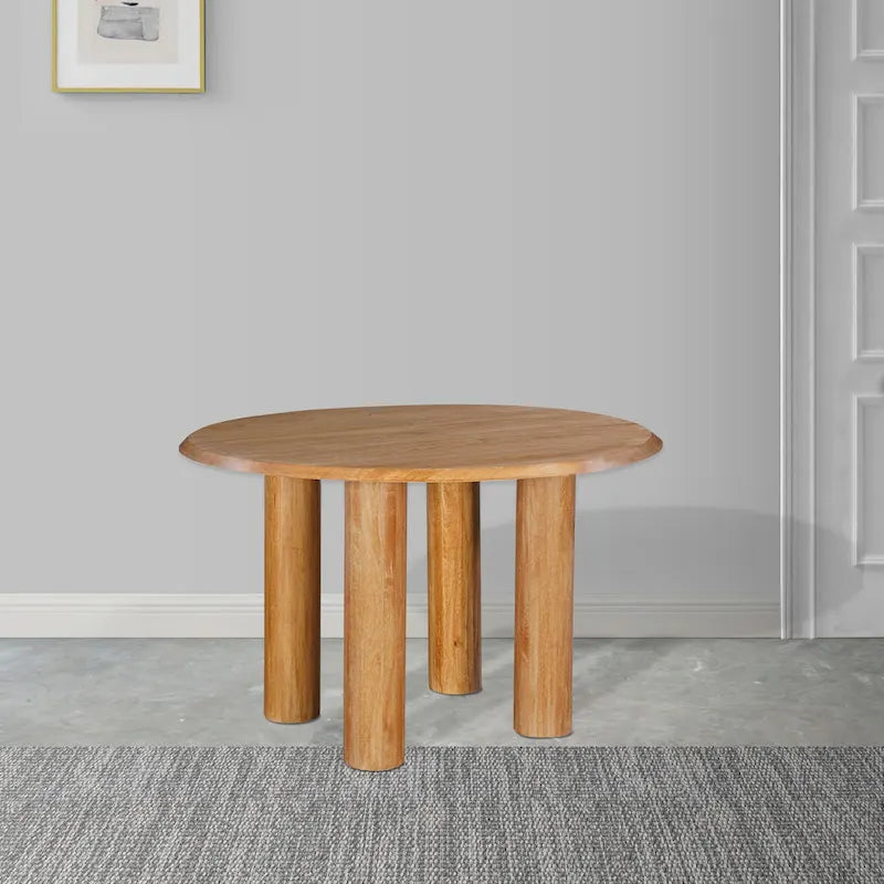Table de salle à manger, plateau rond de 48 pouces, bois de manguier marron naturel, pieds à 4 colonnes.