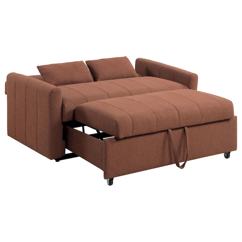 Canapé convertible Porta, lit double, velours bouclette cuivre, oreillers, 152 cm