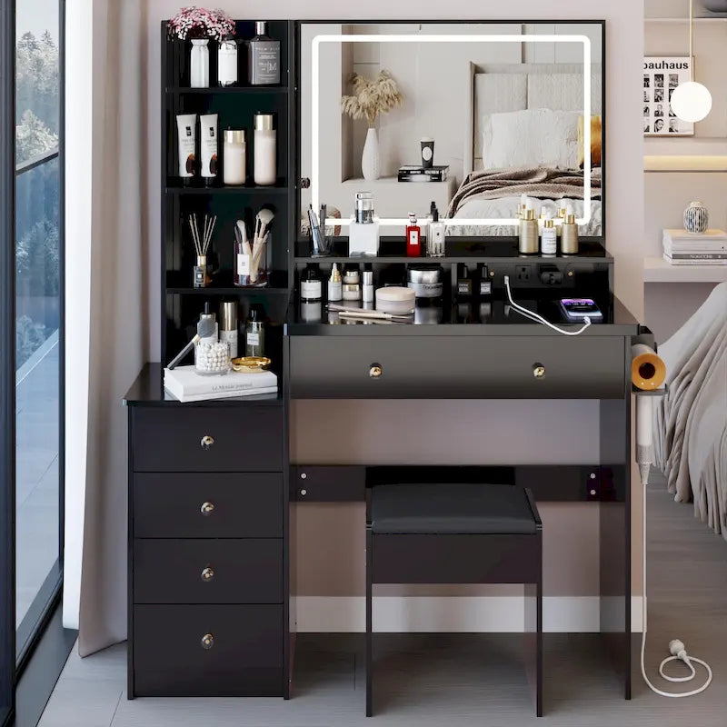 Coiffeuse avec miroir LED tactile, table de maquillage avec support pour sèche-cheveux, ensemble coiffeuse avec tabouret rembourré
