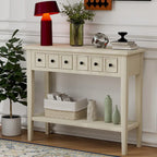 38.2 Table console rustique avec étagère ouverte et trois tiroirs, pieds en bois d'hévéa
