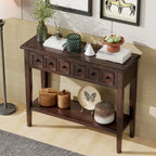 38.2 Table console rustique avec étagère ouverte et trois tiroirs, pieds en bois d'hévéa