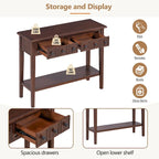 38.2 Table console rustique avec étagère ouverte et trois tiroirs, pieds en bois d'hévéa