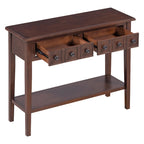 38.2 Table console rustique avec étagère ouverte et trois tiroirs, pieds en bois d'hévéa