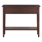 38.2 Table console rustique avec étagère ouverte et trois tiroirs, pieds en bois d'hévéa