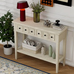 38.2 Table console rustique avec étagère ouverte et trois tiroirs, pieds en bois d'hévéa