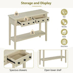 38.2 Table console rustique avec étagère ouverte et trois tiroirs, pieds en bois d'hévéa