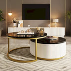 Table basse gigogne ronde moderne avec tiroir et base dorée pour le salon