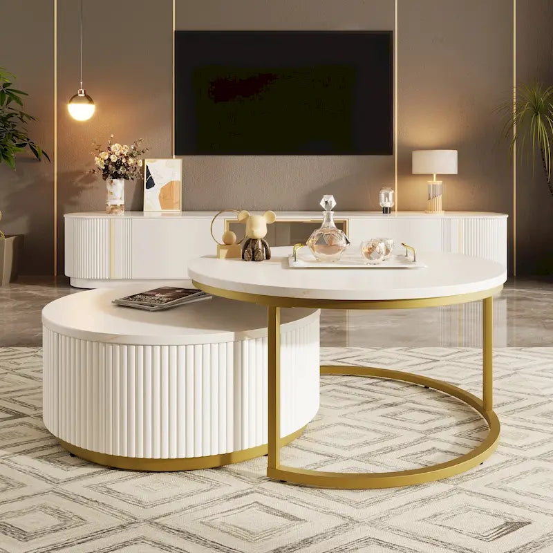 Table basse gigogne ronde moderne avec tiroir et base dorée pour le salon