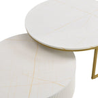 Table basse gigogne ronde moderne avec tiroir et base dorée pour le salon