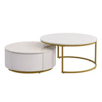Table basse gigogne ronde moderne avec tiroir et base dorée pour le salon