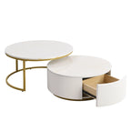Table basse gigogne ronde moderne avec tiroir et base dorée pour le salon