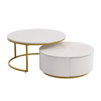 Table basse gigogne ronde moderne avec tiroir et base dorée pour le salon