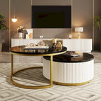 Table basse gigogne ronde moderne avec tiroir et base dorée pour le salon
